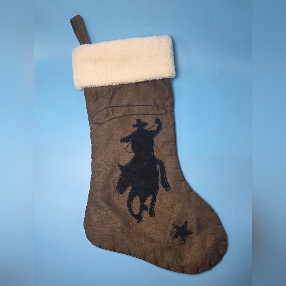 Cowboy Roping  On Horse Christmas Stocking  Brown With Cream Top And Hanger
